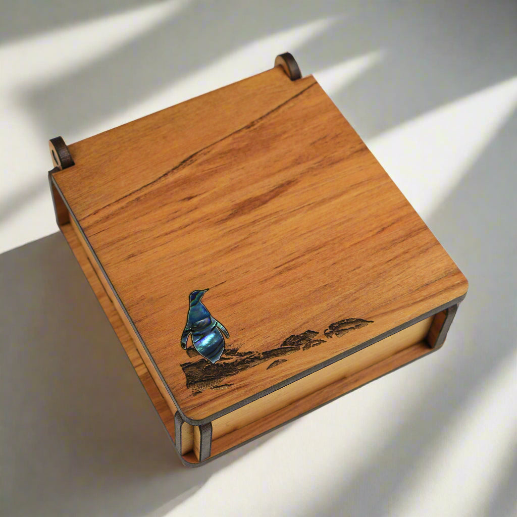 NPRBPS - Penguin on the Shore PAUA & RIMU - BOX - OCEAN SHELL STUDIOS