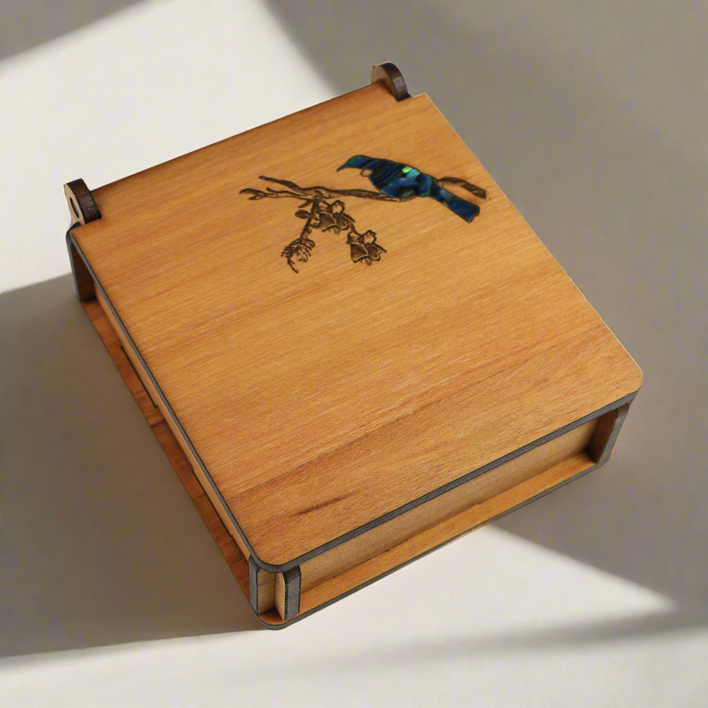 NPRBTK - Tui in the Kowhai PAUA & RIMU - BOX - OCEAN SHELL STUDIOS