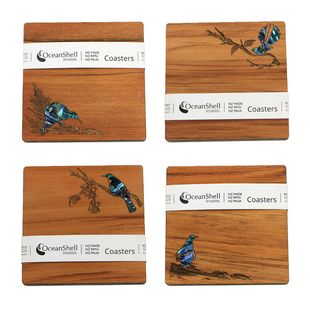 NPRCNB4B_SET - Native Birds PAUA AND RIMU COASTER - SETS - OCEAN SHELL STUDIOS