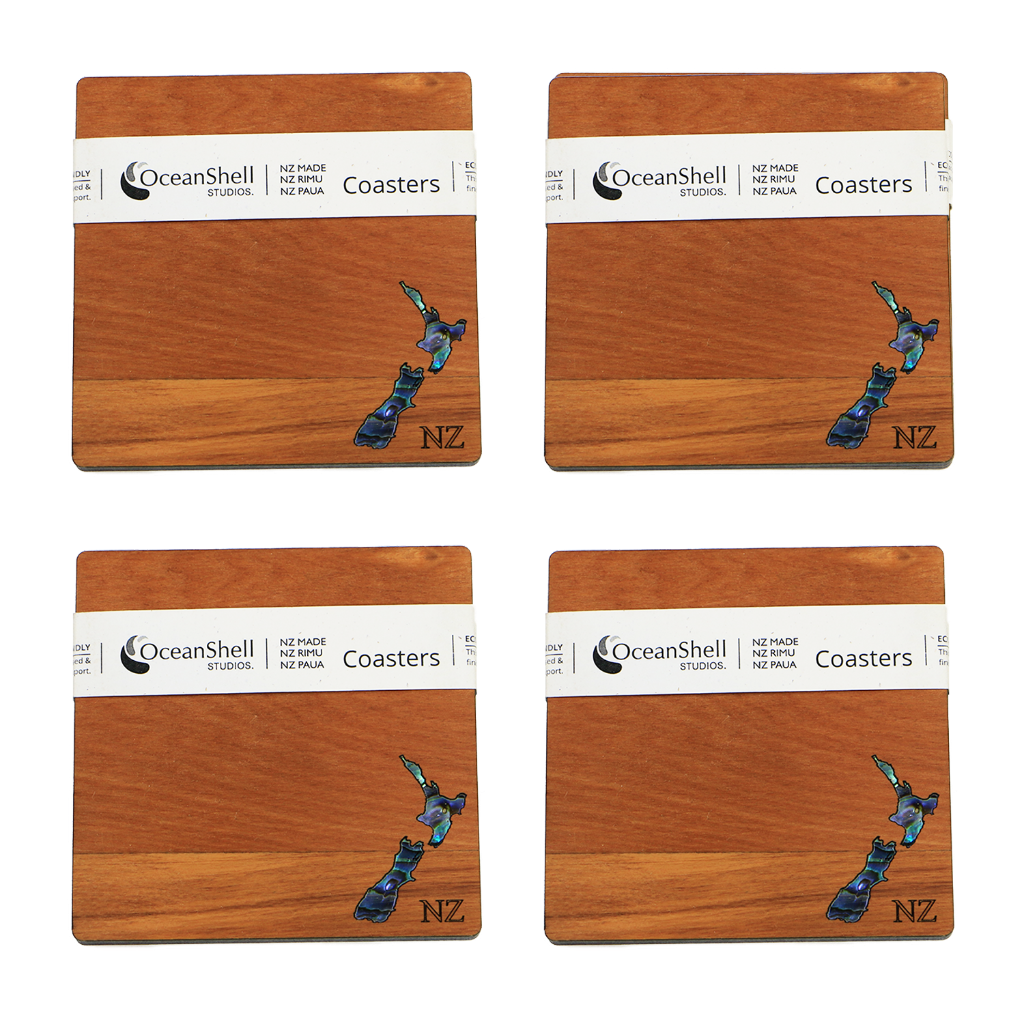 NPRCNZ4B_SET - New Zealand Map PAUA AND RIMU COASTER - SETS - OCEAN SHELL STUDIOS