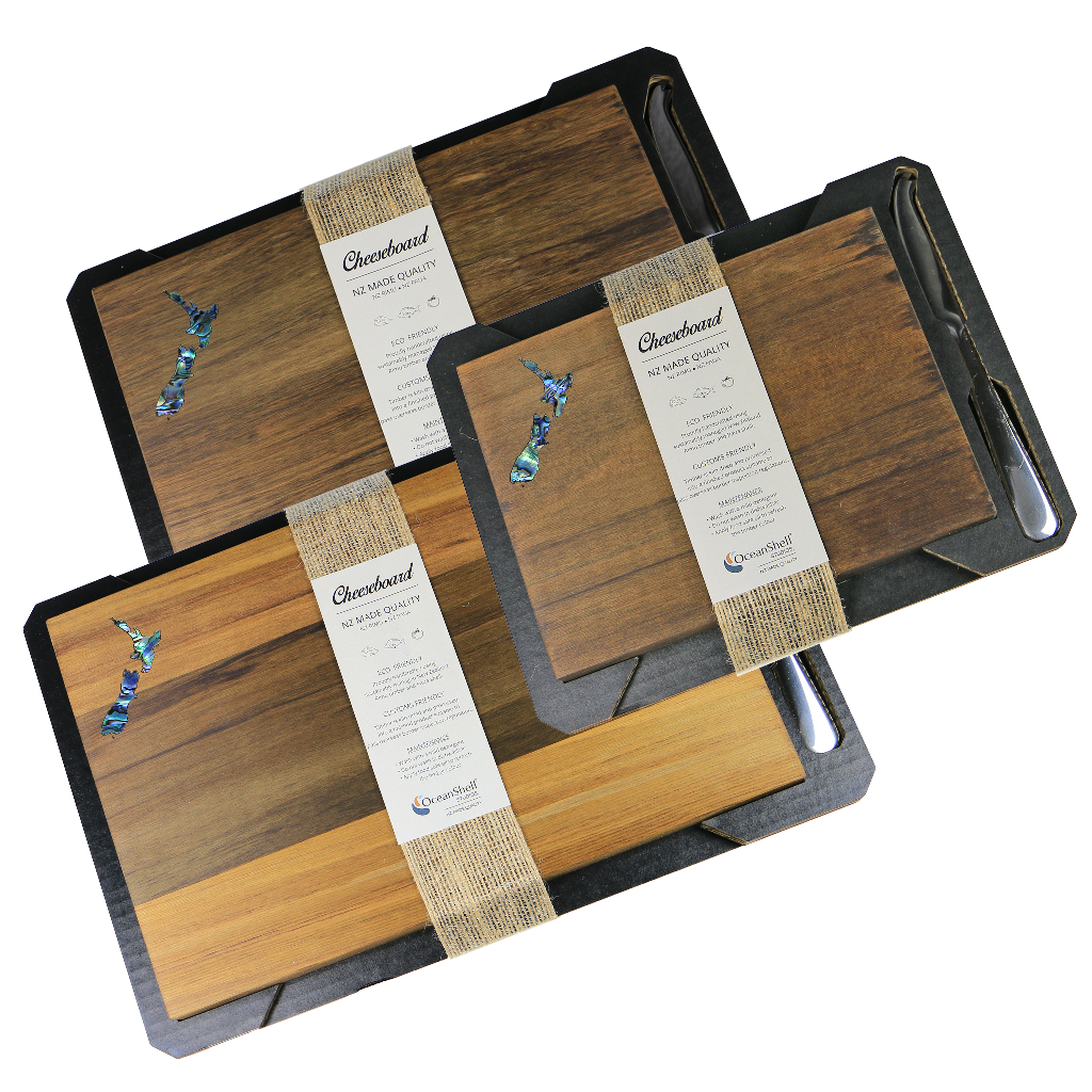 NZ_Cheeseboard_3 - RIMU CHEESE BOARD NZ MAP - WITH KNIFE - OCEAN SHELL STUDIOS