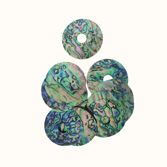 BPCCCGT55 - 55mm (12pcs) PAUA - CIRCLE CENTERED HOLE - NATURAL CURVE, GROUND BACK, TUMBLED POLISHED - OCEAN SHELL STUDIOS