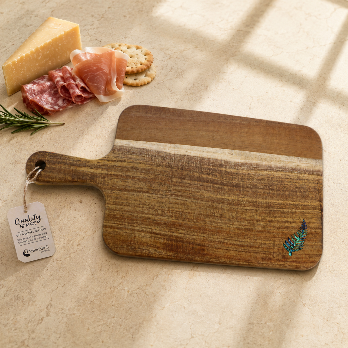 CBPFE_Lifestyle - 350x180x15mm Fern PAUA SERVING PADDLE - RECTANGLE - OCEAN SHELL STUDIOS