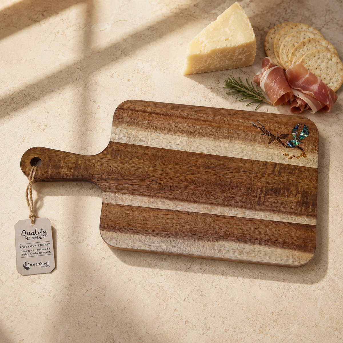 CBPFT_Lifestyle - 350x180x15mm Fantail PAUA SERVING PADDLE - RECTANGLE - OCEAN SHELL STUDIOS