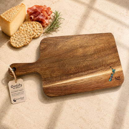 CBPNZ_Lifestyle - 350x180x15mm Map PAUA SERVING PADDLE - RECTANGLE - OCEAN SHELL STUDIOS