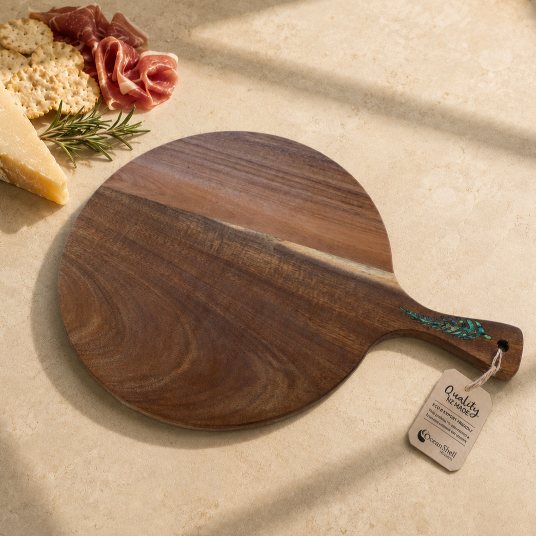 CBPRFE_Lifestyle - 418x300x15mm Fern PAUA SERVING PADDLE - ROUND - OCEAN SHELL STUDIOS