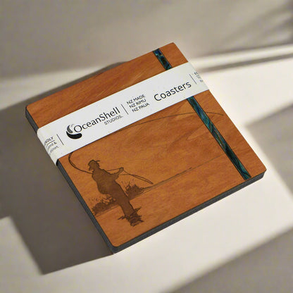 NPRCFH1 - Fishing PAUA AND RIMU COASTERS - SINGLES - OCEAN SHELL STUDIOS