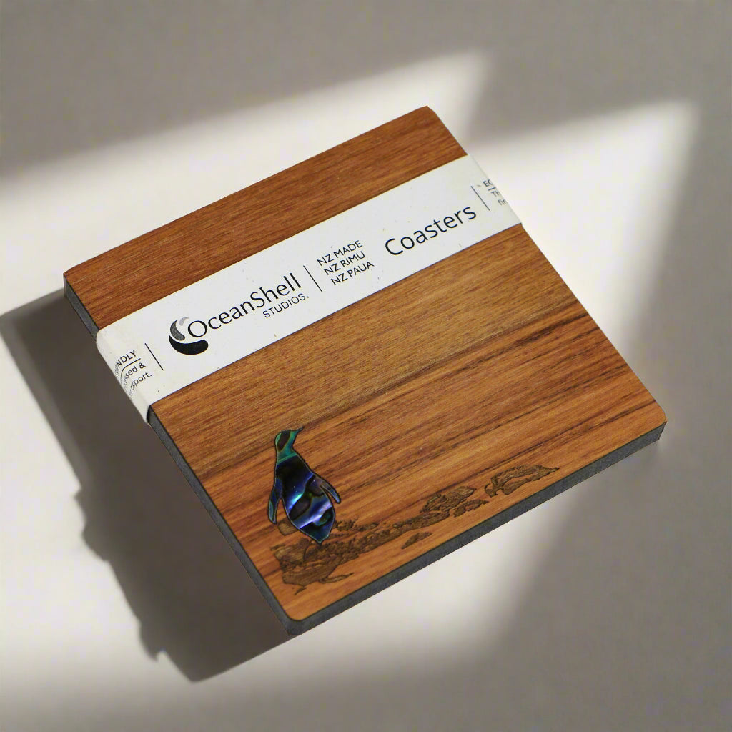 NPRCP1 - Penguin PAUA AND RIMU COASTERS - SINGLES - OCEAN SHELL STUDIOS
