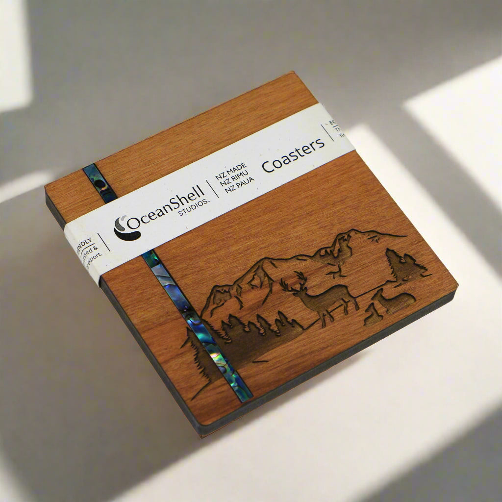 NPRCSG1 - Stag PAUA AND RIMU COASTERS - SINGLES - OCEAN SHELL STUDIOS