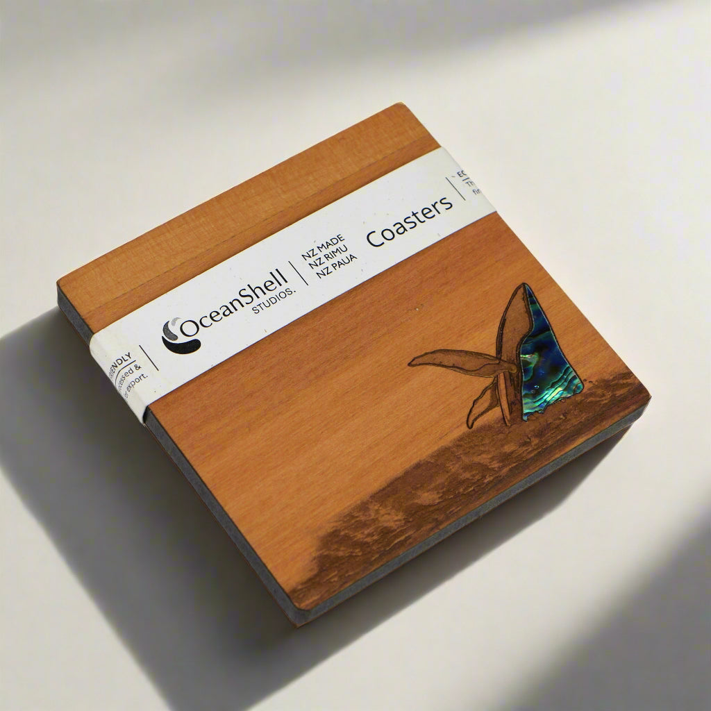 NPRCWE1 - Whale PAUA AND RIMU COASTERS - SINGLES - OCEAN SHELL STUDIOS
