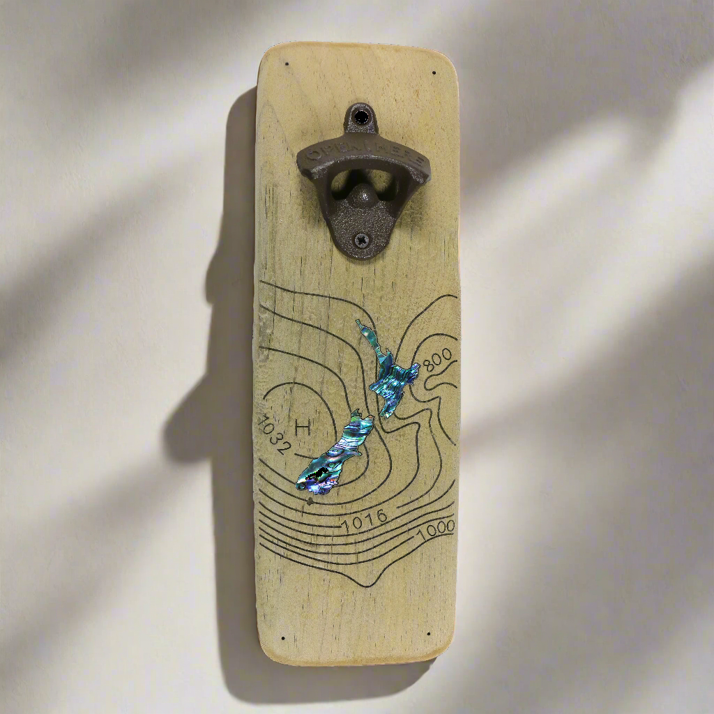 NRWCMNZ - New Zealand Map RECYCLEWOOD BOTTLE OPENER - OCEAN SHELL STUDIOS