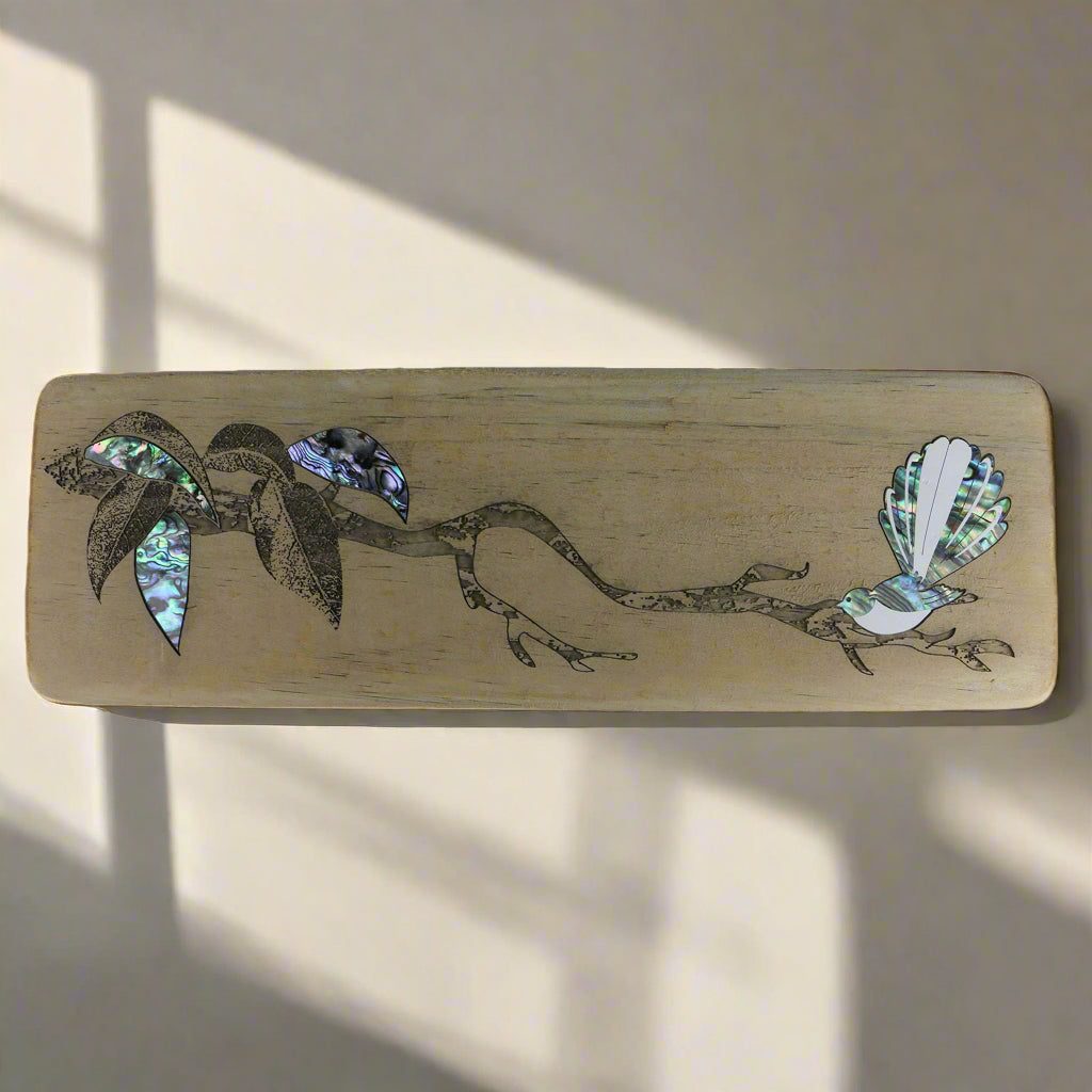 Recyclewoods_Clear_Cuts-Recovered_0003_Layer_4 - FANTAIL ON A BRANCH RECYCLEWOOD - PAUA - OCEAN SHELL STUDIOS