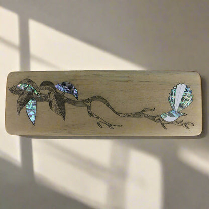 Recyclewoods_Clear_Cuts-Recovered_0003_Layer_4 - FANTAIL ON A BRANCH RECYCLEWOOD - PAUA - OCEAN SHELL STUDIOS