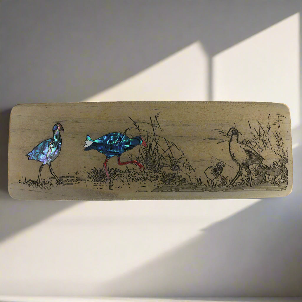 Recyclewoods_Clear_Cuts-Recovered_0007_IMG_5210 - PUKEKO IN THE WETLANDS RECYCLEWOOD - PAUA - OCEAN SHELL STUDIOS