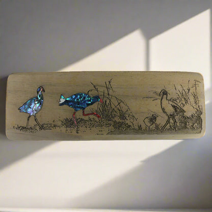 Recyclewoods_Clear_Cuts-Recovered_0007_IMG_5210 - PUKEKO IN THE WETLANDS RECYCLEWOOD - PAUA - OCEAN SHELL STUDIOS