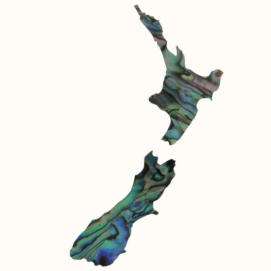ZSPNZ - GLOSS PAUA VENEER SHAPE - NZ MAP - OCEAN SHELL STUDIOS